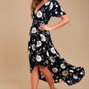 Lulu's Lake Como Navy Blue Floral Print High-Low true Wrap Dress - size large